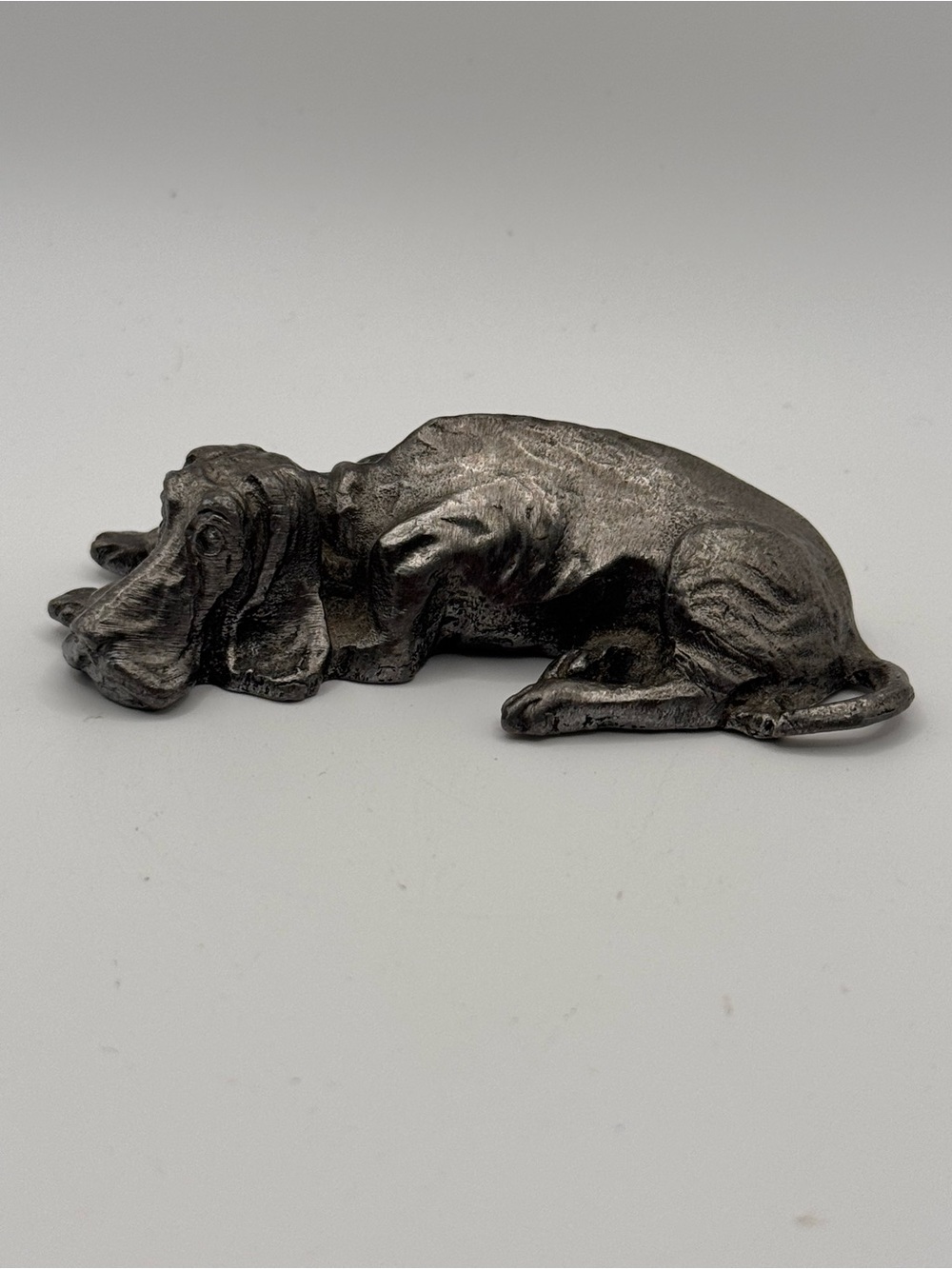 VTG 1976 “Plum Tuckered Out" Pewter Hound Dog Figurine by RB Pewter. 2.75” long
